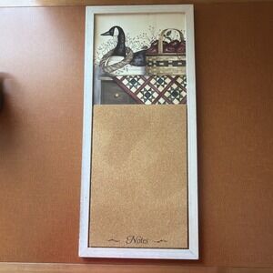 Vintage Wooden Framed Cork Bulletin Message Note Board Goose Quilt Apple Basket